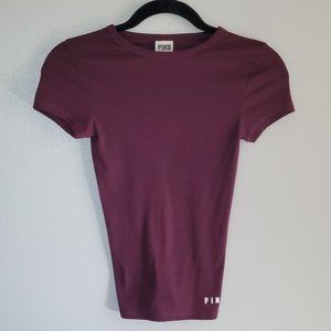 PINK Victoria's Secret Maroon Ribbed T-Shirt Size X-Small